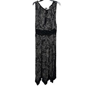 Bila Maxi Dress XXL Black White Floral Boho Rayon Tassel Elastic Waist Crinkle